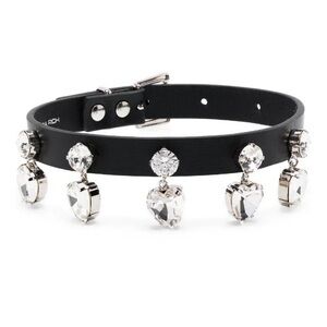 Alessandra Rich black leather crystal heart choker necklace